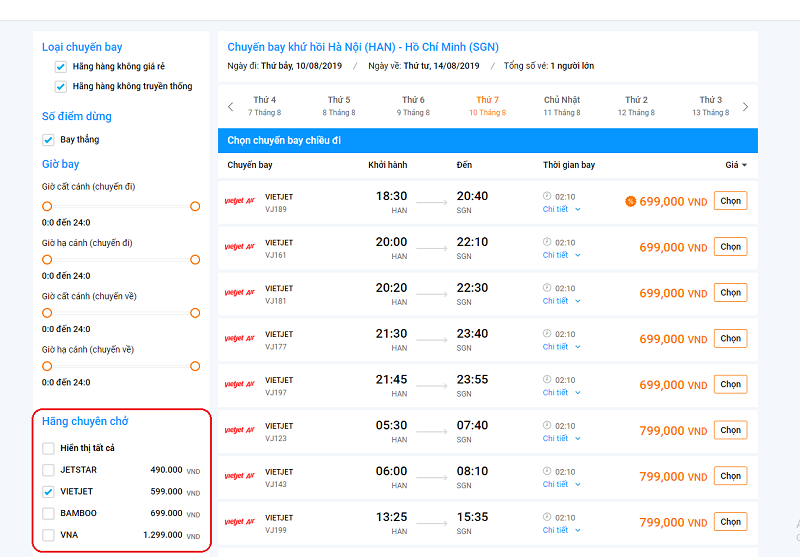 Giao diện lựa chọn chuyến bay tr&ecirc;n Etrip4u.com