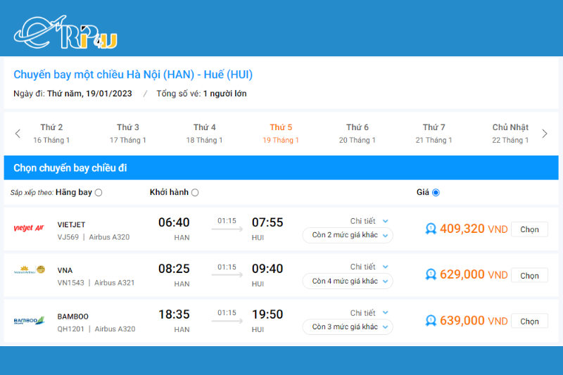 Già vé máy bay Tết 2023 chặng Hà Nội - Huế