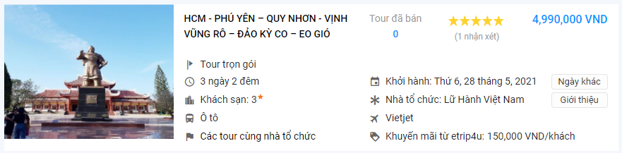 Tour Hồ Chí Minh - Quy Nhơn - Vịnh Vũng Rô - Kỳ Co - Eo Gió 3N2Đ