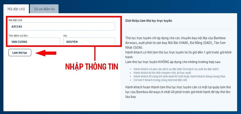 Bước 2 khi check in online Bamboo Airways