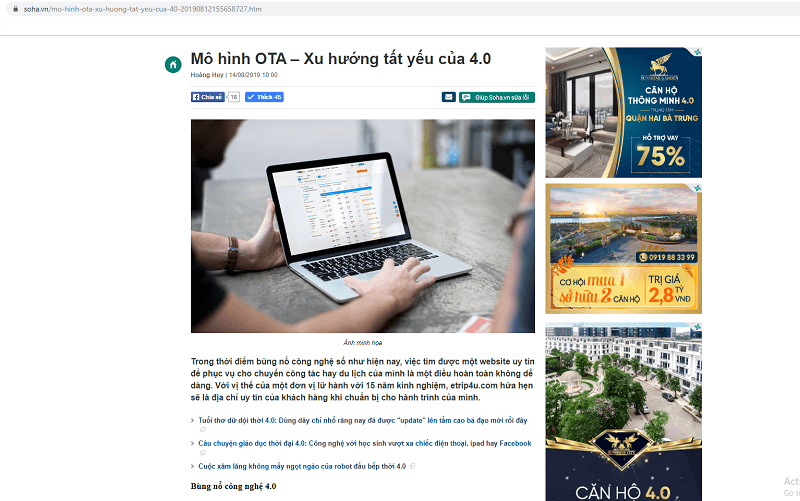 Trong bài viết về mô hình OTA Soha đã nhắc tới Etrip4u như một đơn vị điển hình Trong bài viết về mô hình OTA Soha đã nhắc tới Etrip4u như một đơn vị điển hình