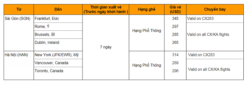 Bảng giá vé Cathay Pacific dành cho các chặng đi Châu Âu Bảng giá vé Cathay Pacific dành cho các chặng đi Châu Âu