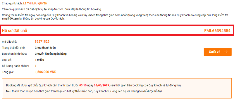 Thông báo đối với hình thức chuyển khoản ngân hàng