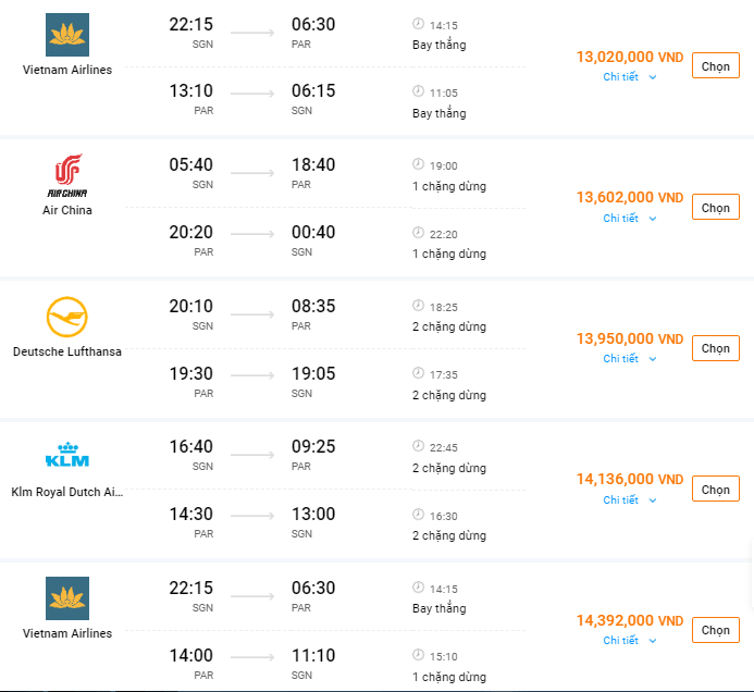 Lựa chọn hành trình bay chi tiết chặng Hồ Chí Minh - Pháp Lựa chọn hành trình bay chi tiết chặng Hồ Chí Minh - Pháp
