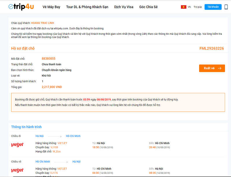 Giao diện cuối cùng sau khi hoàn thành các bước đặt vé máy bay tại Etrip4u