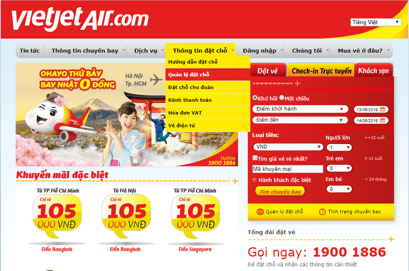 Cách đổi vé máy bay Vietjet trên website của hãng