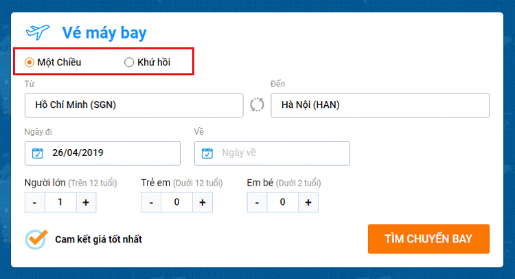 Khung tìm kiếm chuyến bay