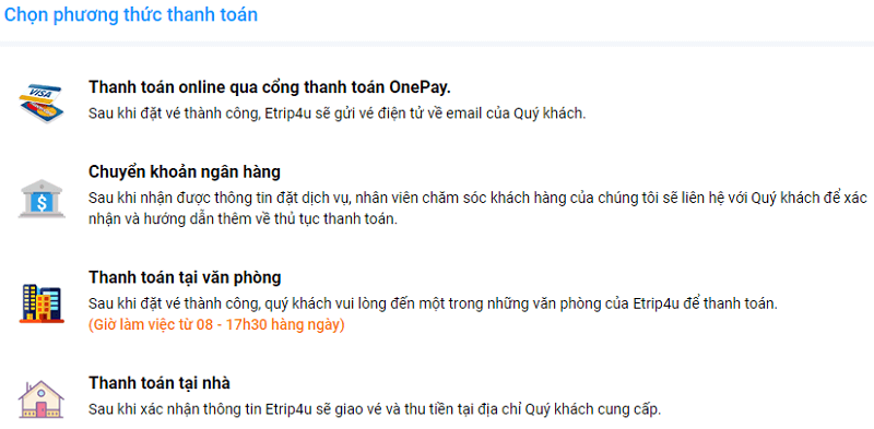 Các hình thức thanh toán tại Etrip4u