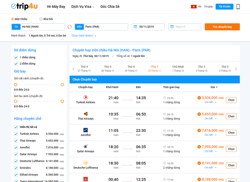 Giao diện lựa chọn chuyến bay trên website Etrip4u.com Giao diện lựa chọn chuyến bay trên website Etrip4u.com