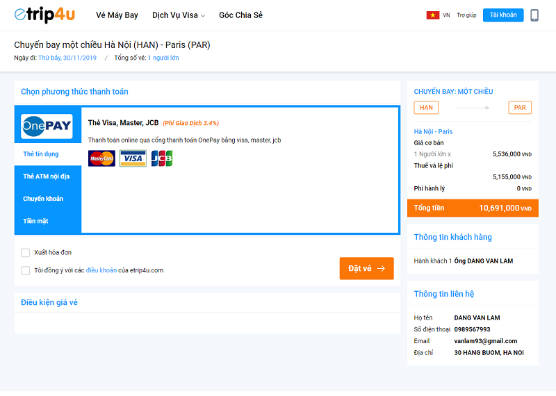 Giao diện thanh toán của Etrip4u Giao diện thanh toán của Etrip4u