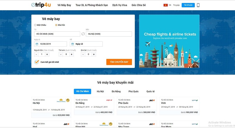 Giao diện đặt Vé máy bay trên Etrip4u.com