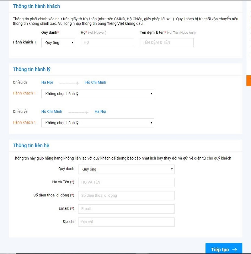 Giao diện điền thông tin hành khách