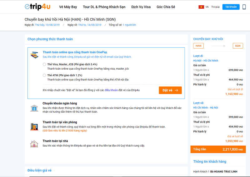 Giao diện lựa chọn phương thức thanh toán trên Etrip4u.com