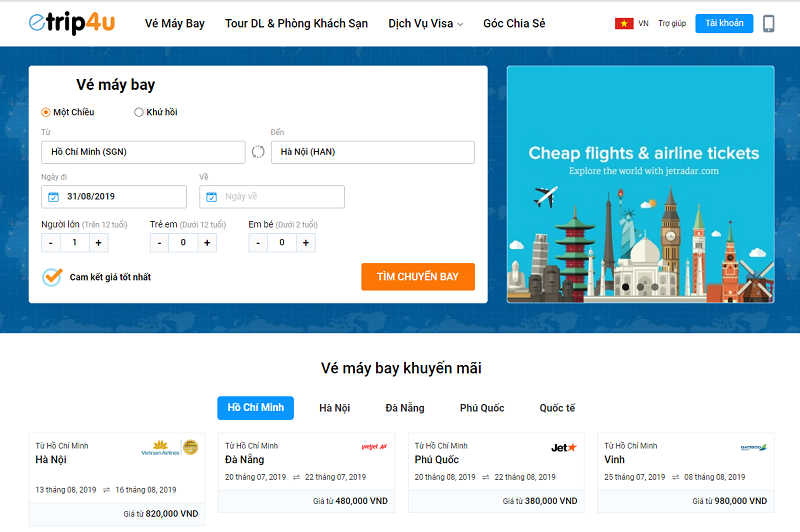 Giao diện đặt vé của Etrip4u Giao diện đặt vé của Etrip4u