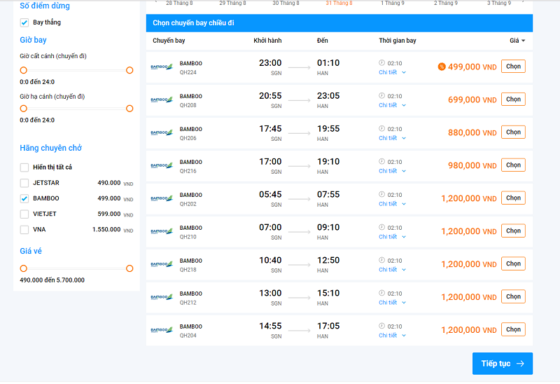 Giao diện đặt vé máy bay Bamboo Airways Giao diện đặt vé máy bay Bamboo Airways