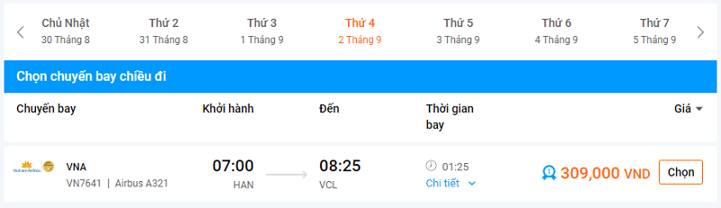 Vé máy bay Hà Nôi Chu Lai tháng 9 năm 2020