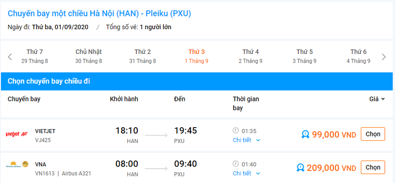 Bảng giá vé máy bay đi Pleiku 4 tháng cuối năm 2020