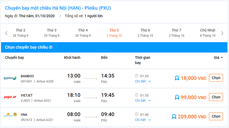 Bảng giá vé máy bay đi Pleiku tháng 10 năm 2020