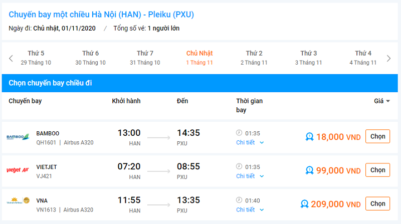Bảng giá vé máy bay đi Pleiku tháng 11 năm 2020