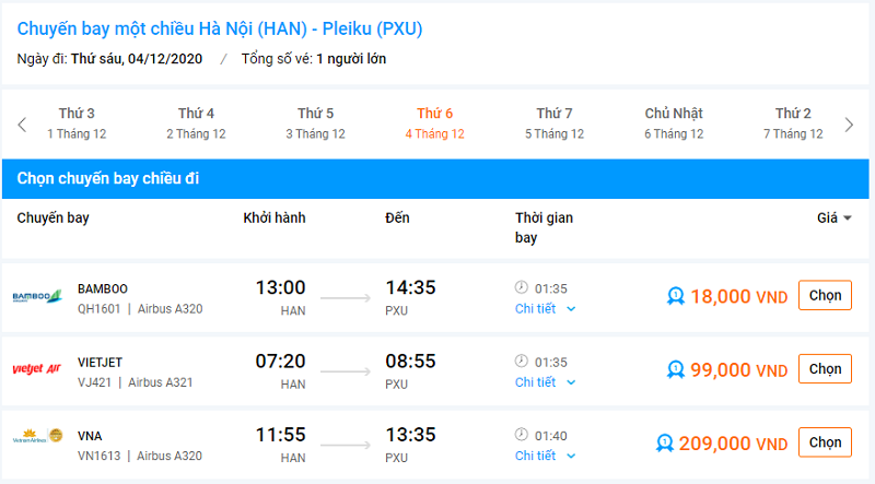 Bảng giá vé máy bay đi Pleiku tháng 12 năm 2020