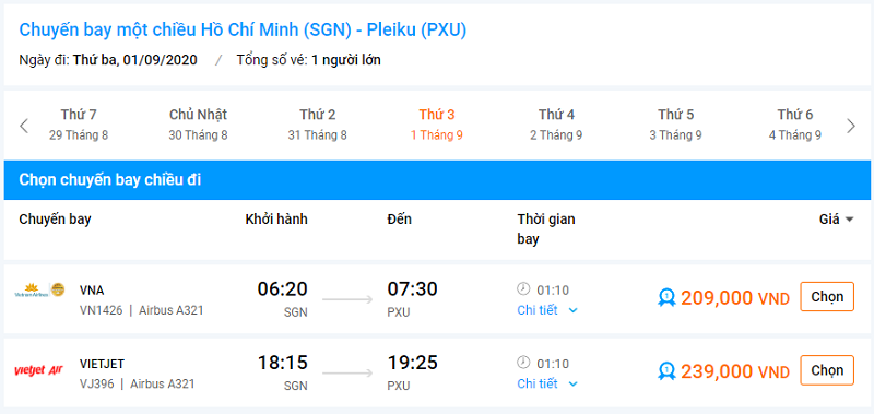 Bảng giá vé máy bay Hồ Chí Minh đi Pleiku tháng 09 năm 2020