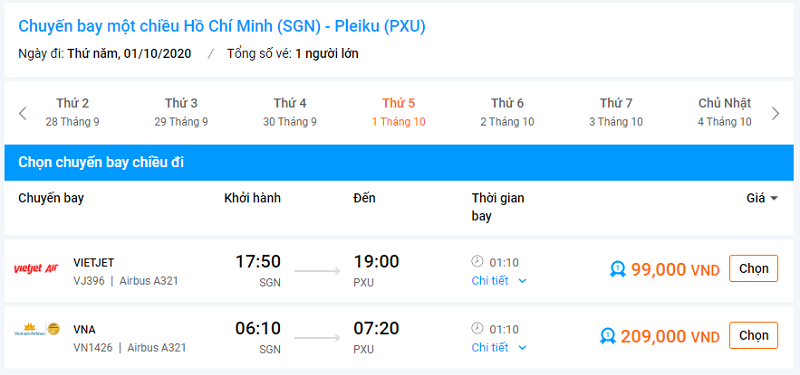 Bảng giá vé máy bay Hồ Chí Minh đi Pleiku tháng 10 năm 2020