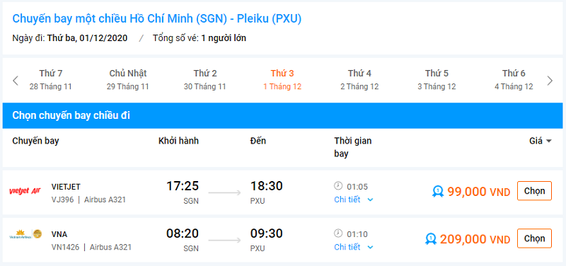 Bảng giá vé máy bay Hồ Chí Minh đi Pleiku tháng 12 năm 2020