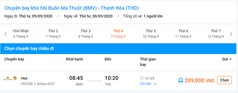 Giá vé máy bay Buôn Mê Thuột đi Thanh Hóa