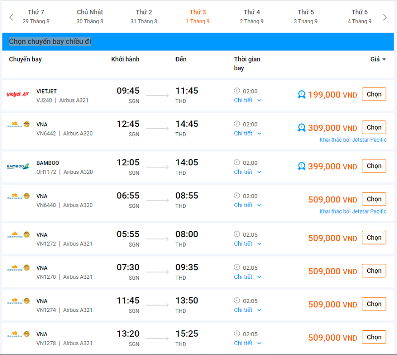 Giá vé máy bay HCM - Thanh Hóa tháng 9