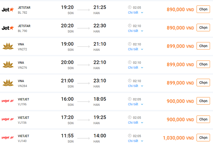 Lựa chọn hành trình bay chi tiết